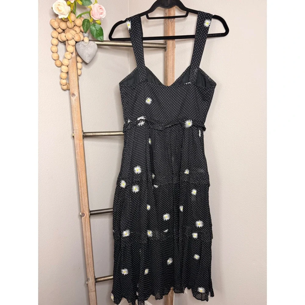 Free People Black Daisy Polka Dot Tiered Midi Dress Button Small